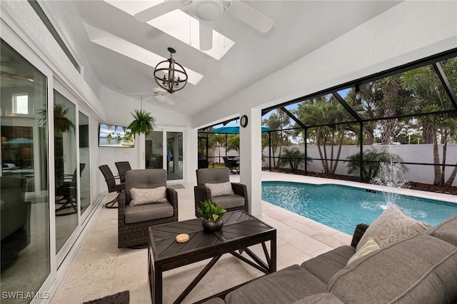 5548 Foxhunt Way, Naples, FL 34104 - view of swimming pool featuring ceiling fan, a patio area, an outdoor living space, and a lanai