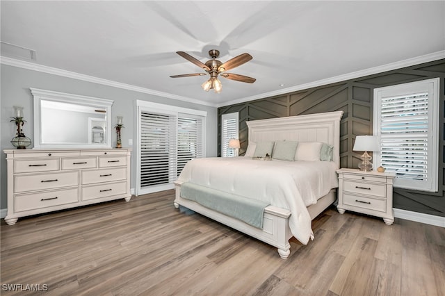 5548 Foxhunt Way, Naples, FL 34104 - bedroom featuring crown molding, light wood-type flooring, baseboards, access to exterior, and a ceiling fan
