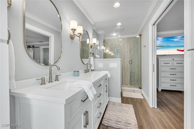 5548 Foxhunt Way, Naples, FL 34104 - full bath with recessed lighting, double vanity, a stall shower, a chandelier, and wood finished floors