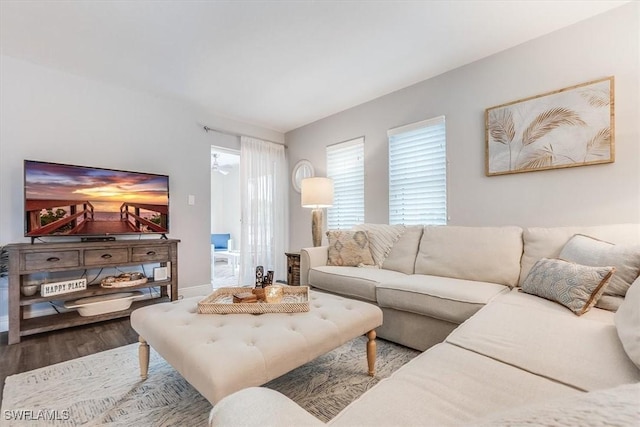 living room featuring baseboards and wood finished floors