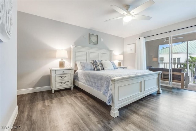 bedroom with access to exterior, a ceiling fan, baseboards, and dark wood-style floors