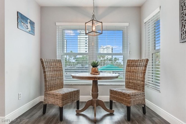 sitting room with baseboards and dark wood-type flooring