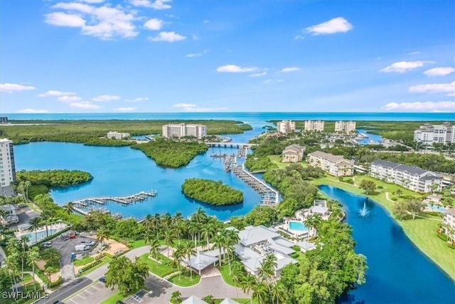 bird's eye view with a water view