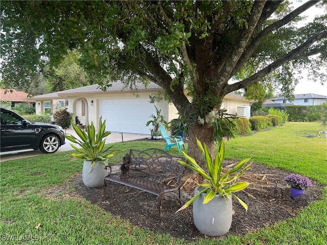 view of yard featuring a garage and concrete driveway