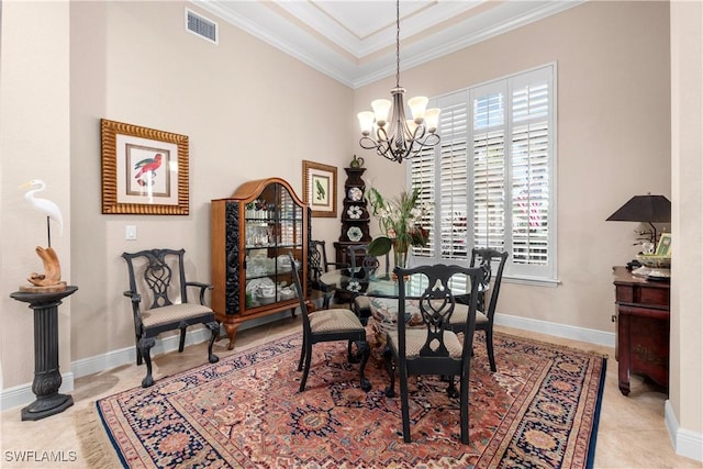 tiled dining space with crown molding and an inviting chandelier