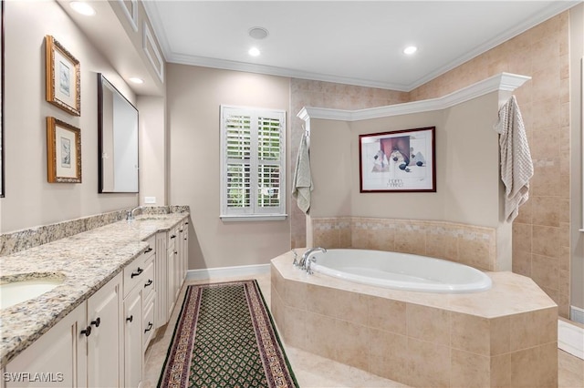 bathroom with tile patterned flooring, vanity, a relaxing tiled tub, and crown molding