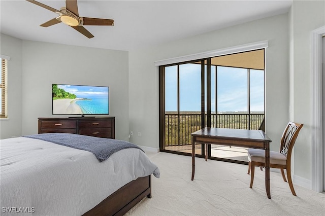 bedroom with a ceiling fan, light carpet, baseboards, and access to exterior
