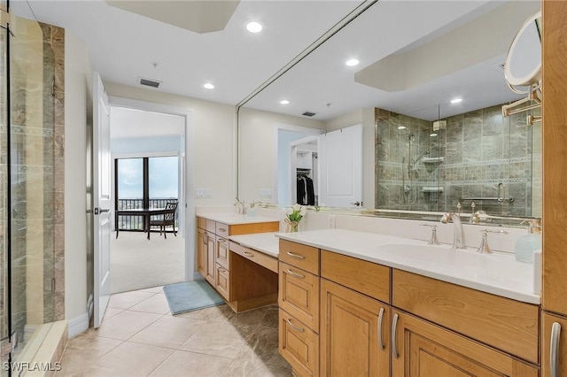 bathroom featuring a shower stall, visible vents, vanity, and recessed lighting