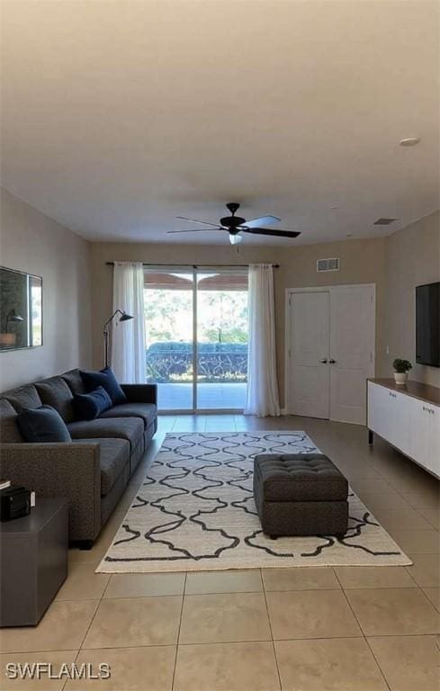 13772 Cleto Dr, Estero, FL 33928 - living room with light tile patterned floors, ceiling fan, and visible vents