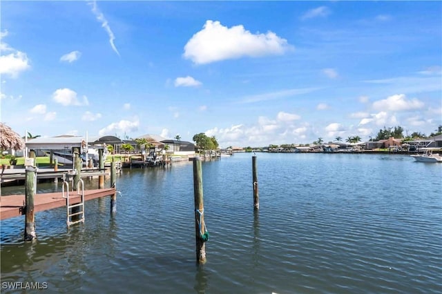 view of dock with a water view and boat lift