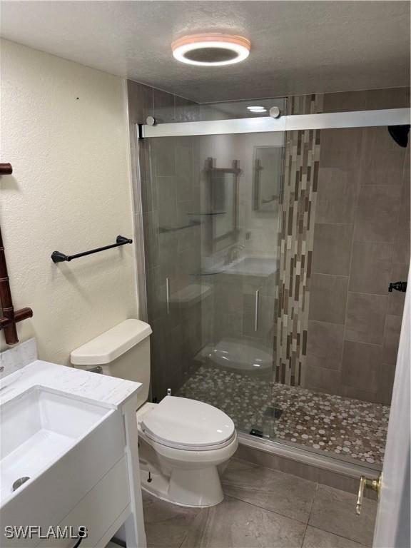 bathroom with vanity, an enclosed shower, and toilet
