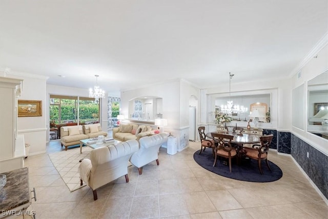 tiled living room with an inviting chandelier and ornamental molding