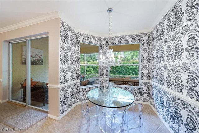 tiled dining area featuring ornamental molding