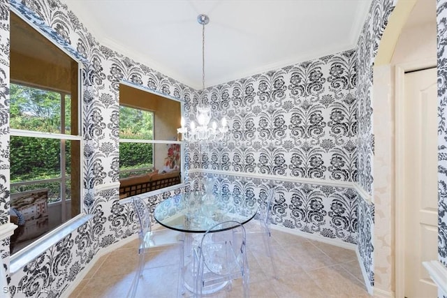 tiled dining area with ornamental molding