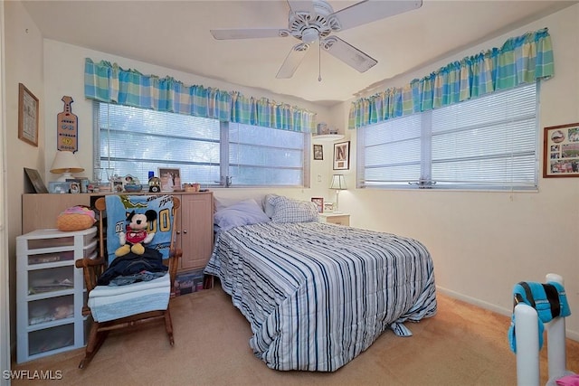 bedroom featuring carpet floors and ceiling fan