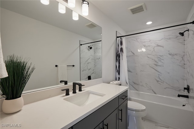 full bathroom with vanity, toilet, and shower / bath combination with curtain