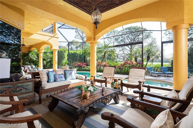 view of patio / terrace featuring an outdoor hangout area and a lanai