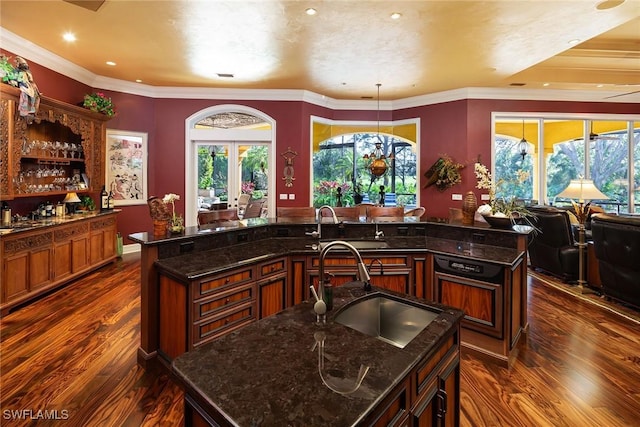 kitchen featuring dark stone countertops, dark wood-type flooring, and a large island