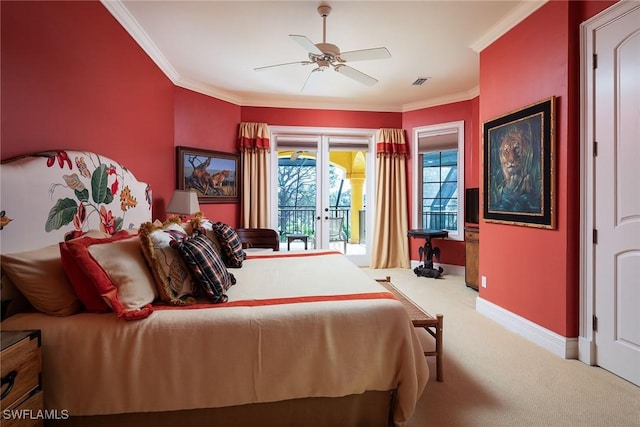 carpeted bedroom with french doors, crown molding, access to outside, and ceiling fan