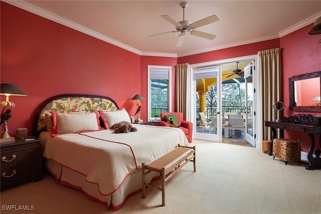 carpeted bedroom featuring ornamental molding, access to exterior, and ceiling fan