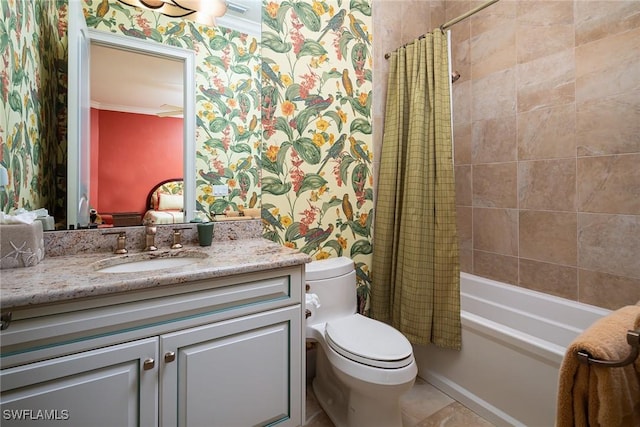 full bathroom featuring toilet, crown molding, vanity, and shower / bath combination with curtain