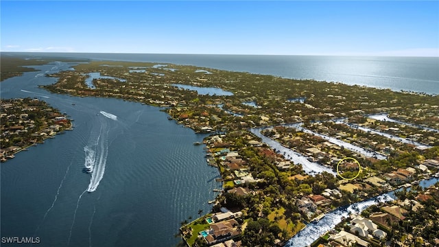 drone / aerial view featuring a water view