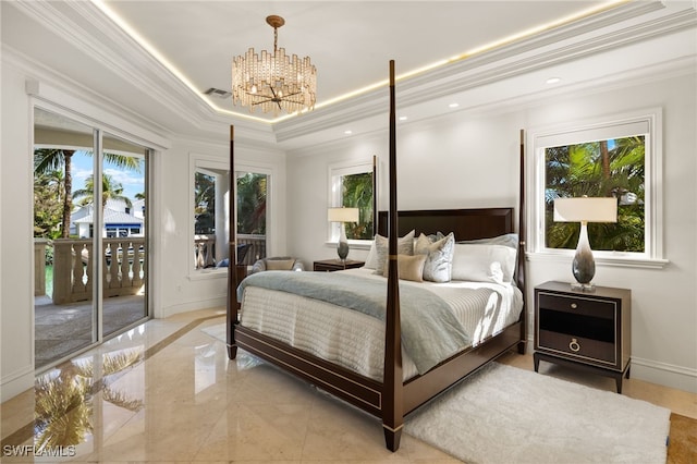 bedroom featuring access to outside, a tray ceiling, baseboards, and ornamental molding