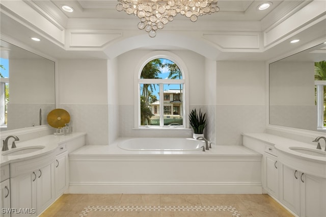 full bathroom featuring recessed lighting, a garden tub, a sink, and tile patterned floors