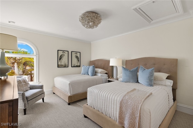 bedroom with baseboards, ornamental molding, and light colored carpet