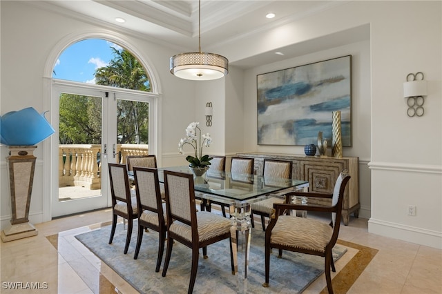 dining area with light tile patterned floors, french doors, recessed lighting, and crown molding