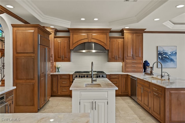 kitchen with arched walkways, brown cabinets, dishwasher, and an island with sink