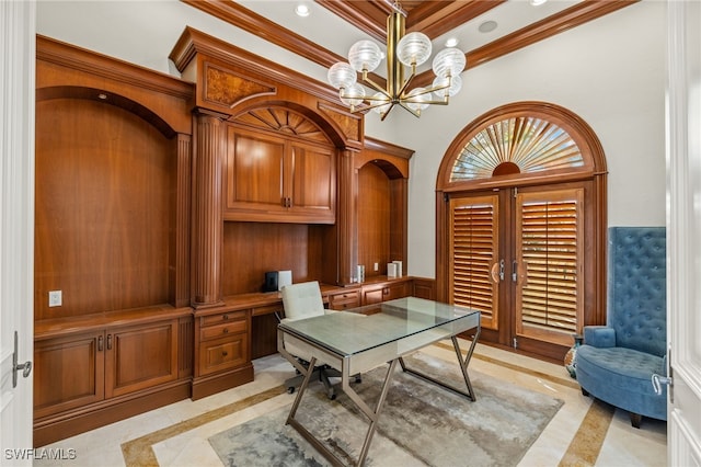 home office featuring ornamental molding, recessed lighting, built in study area, and an inviting chandelier