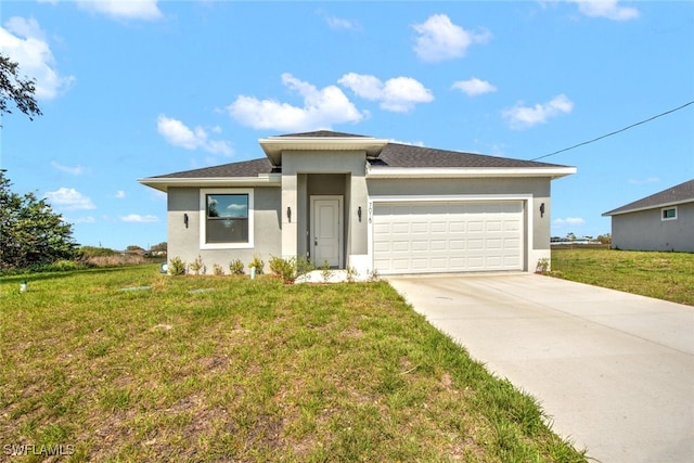 view of front of house featuring concrete driveway, a garage, a front yard, and stucco siding