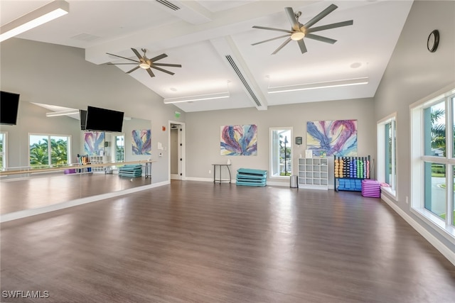 workout area featuring dark hardwood / wood-style flooring, ceiling fan, and high vaulted ceiling