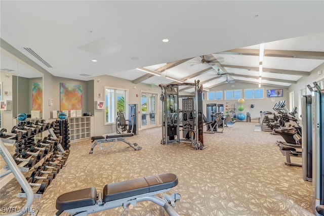 workout area with ceiling fan, vaulted ceiling, and carpet floors