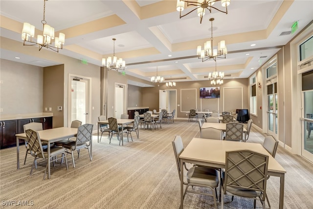 dining area with coffered ceiling, beamed ceiling, and an inviting chandelier