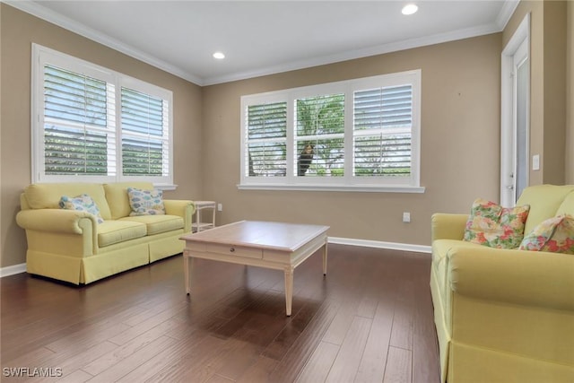 living room with crown molding and dark hardwood / wood-style floors