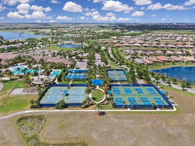 drone / aerial view with a water view