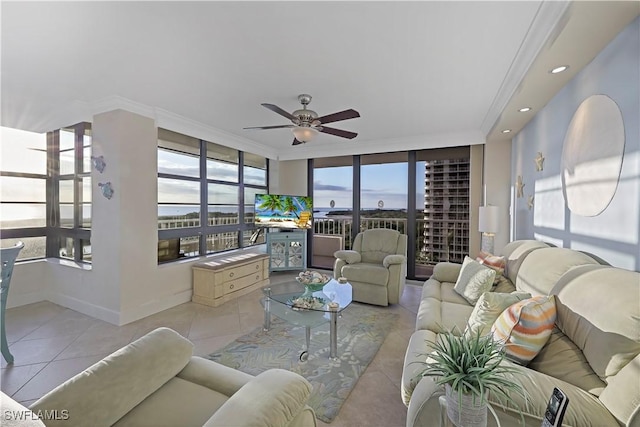 living room featuring ceiling fan and light tile patterned flooring