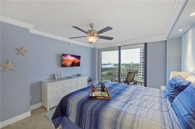 tiled bedroom with access to exterior, ornamental molding, expansive windows, and ceiling fan