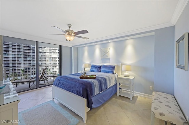 bedroom featuring light tile patterned flooring, crown molding, ceiling fan, a wall of windows, and access to exterior