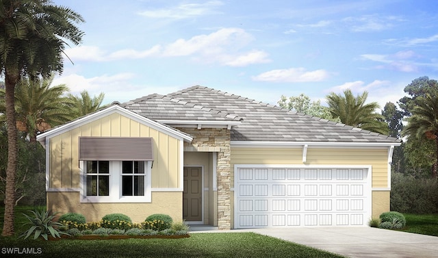 ranch-style home featuring a tile roof, concrete driveway, an attached garage, board and batten siding, and stone siding