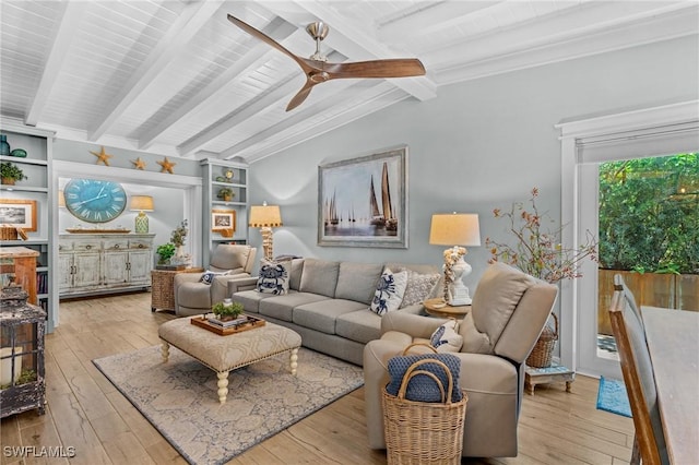 living room featuring ceiling fan, hardwood / wood-style floors, and vaulted ceiling with beams