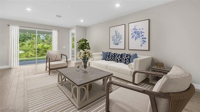 living room with light hardwood / wood-style flooring