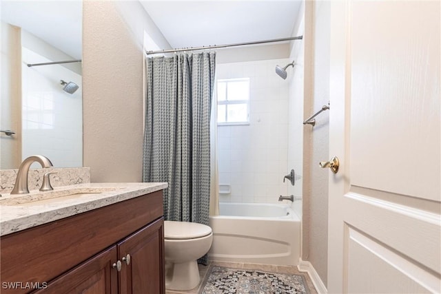 full bathroom with tile patterned flooring, shower / bathtub combination with curtain, toilet, and vanity