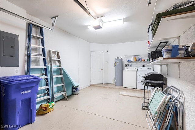 garage with a garage door opener, electric panel, electric water heater, and washer and dryer