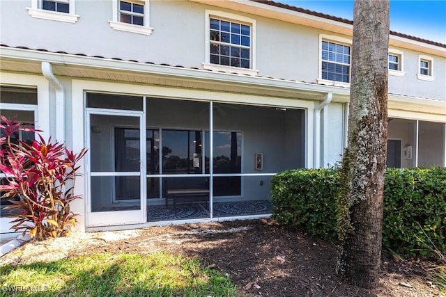 rear view of property with a sunroom and stucco siding