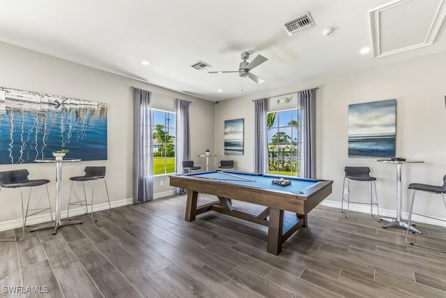 rec room featuring pool table, dark hardwood / wood-style floors, and a healthy amount of sunlight