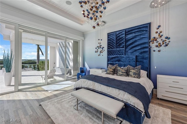 bedroom with crown molding, a tray ceiling, wood finished floors, and access to exterior