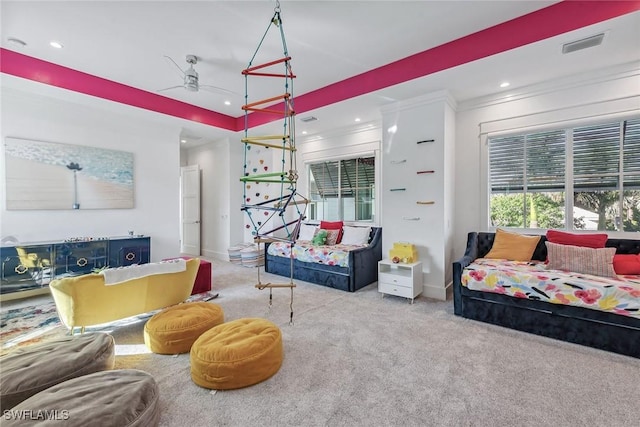 carpeted living room featuring baseboards, recessed lighting, visible vents, and a ceiling fan